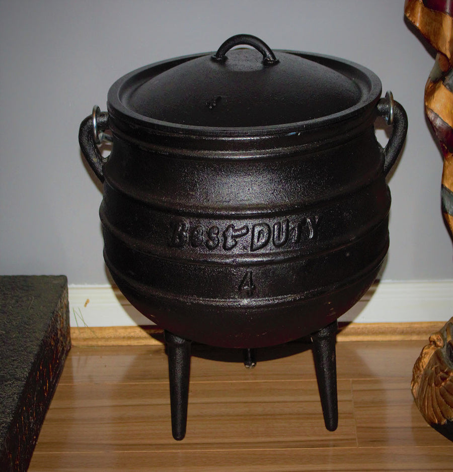 Cauldron Size 4  The cauldron is a feminine symbol, as seen in the tale of Cerridwen’s cauldron, representing rebirth and renewal and the womb and the tomb ect…     Size: 4 (height 30cm, mouth circumference 30cm)  Volume: 9.3 litres  Weight: 13.6kg     Please note: The cauldrons are made from cast iron and have been treated making them safe for spell work and cooking. They have also been pre-sealed with a quality vegetable oil to prevent rust. If looked after correctly these cauldrons will last many many ye